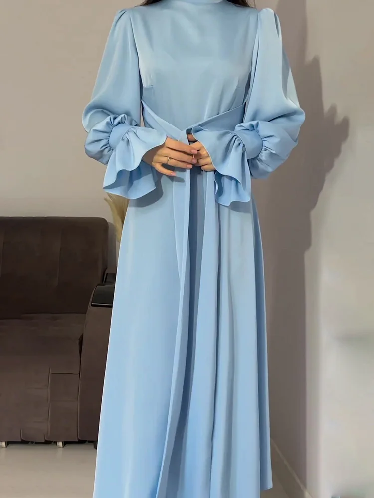 Robe de Soirée Élégante en Satin pour Femme – Maxi Robe Swing avec Manches Bouffantes Longues - Image 11