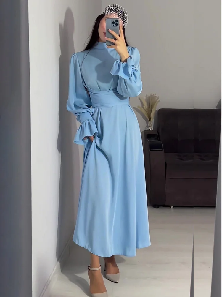 Robe de Soirée Élégante en Satin pour Femme – Maxi Robe Swing avec Manches Bouffantes Longues - Image 12
