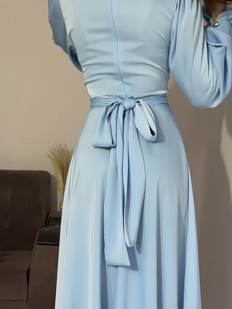 Robe de Soirée Élégante en Satin pour Femme – Maxi Robe Swing avec Manches Bouffantes Longues - Image 13