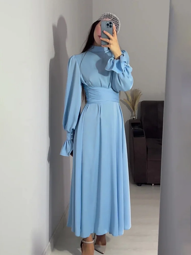 Robe de Soirée Élégante en Satin pour Femme – Maxi Robe Swing avec Manches Bouffantes Longues - Image 14