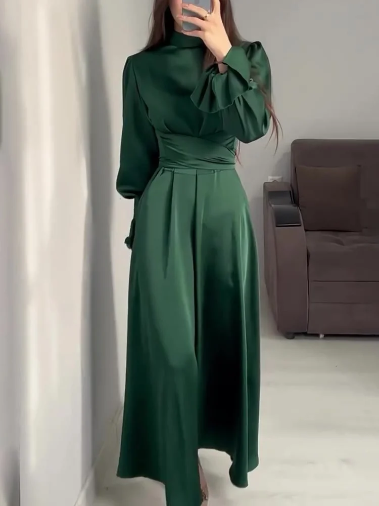 Robe de Soirée Élégante en Satin pour Femme – Maxi Robe Swing avec Manches Bouffantes Longues - Image 2