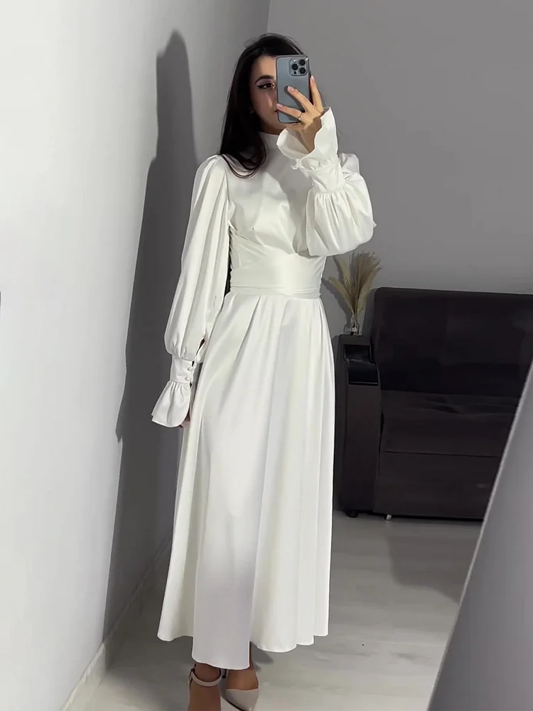 Robe de Soirée Élégante en Satin pour Femme – Maxi Robe Swing avec Manches Bouffantes Longues - Image 20