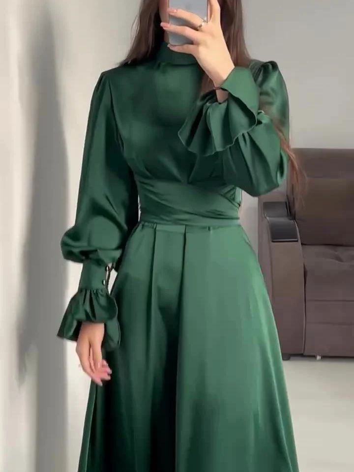 Robe de Soirée Élégante en Satin pour Femme – Maxi Robe Swing avec Manches Bouffantes Longues - Image 3