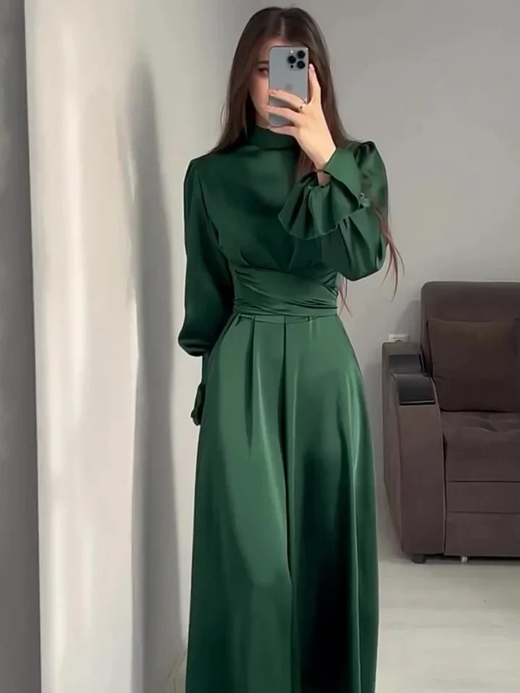 Robe de Soirée Élégante en Satin pour Femme – Maxi Robe Swing avec Manches Bouffantes Longues - Image 4