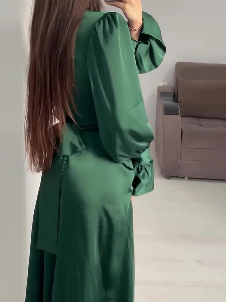 Robe de Soirée Élégante en Satin pour Femme – Maxi Robe Swing avec Manches Bouffantes Longues - Image 6