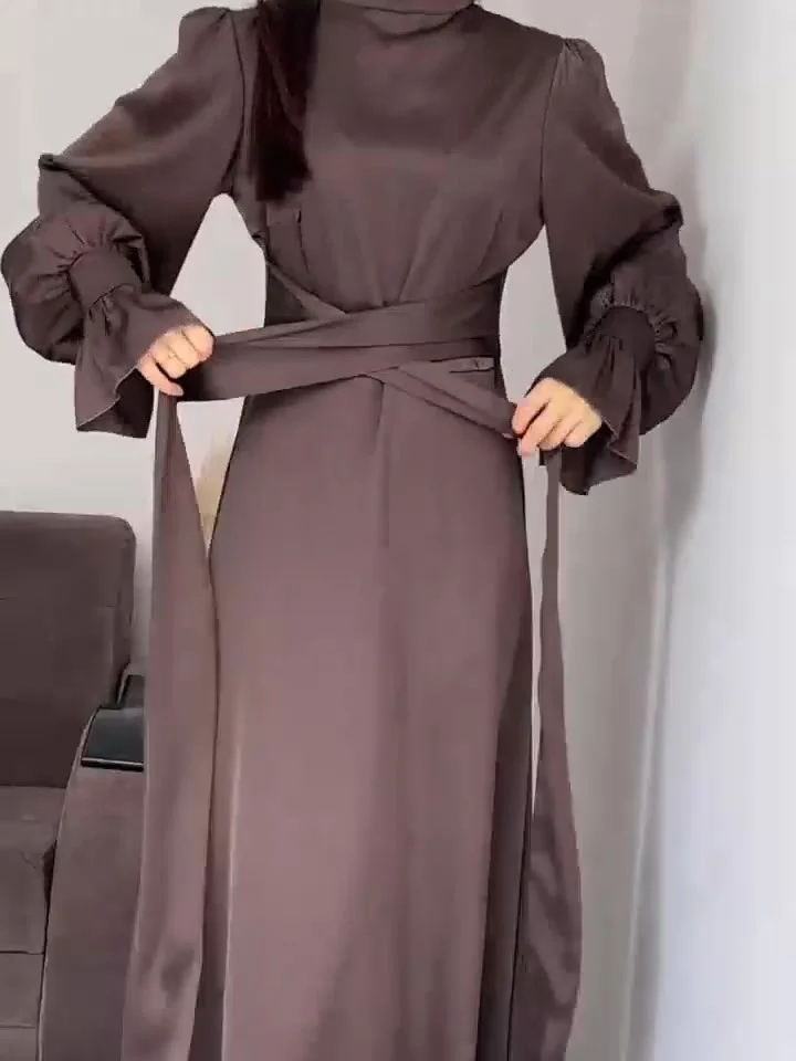 Robe de Soirée Élégante en Satin pour Femme – Maxi Robe Swing avec Manches Bouffantes Longues - Image 8