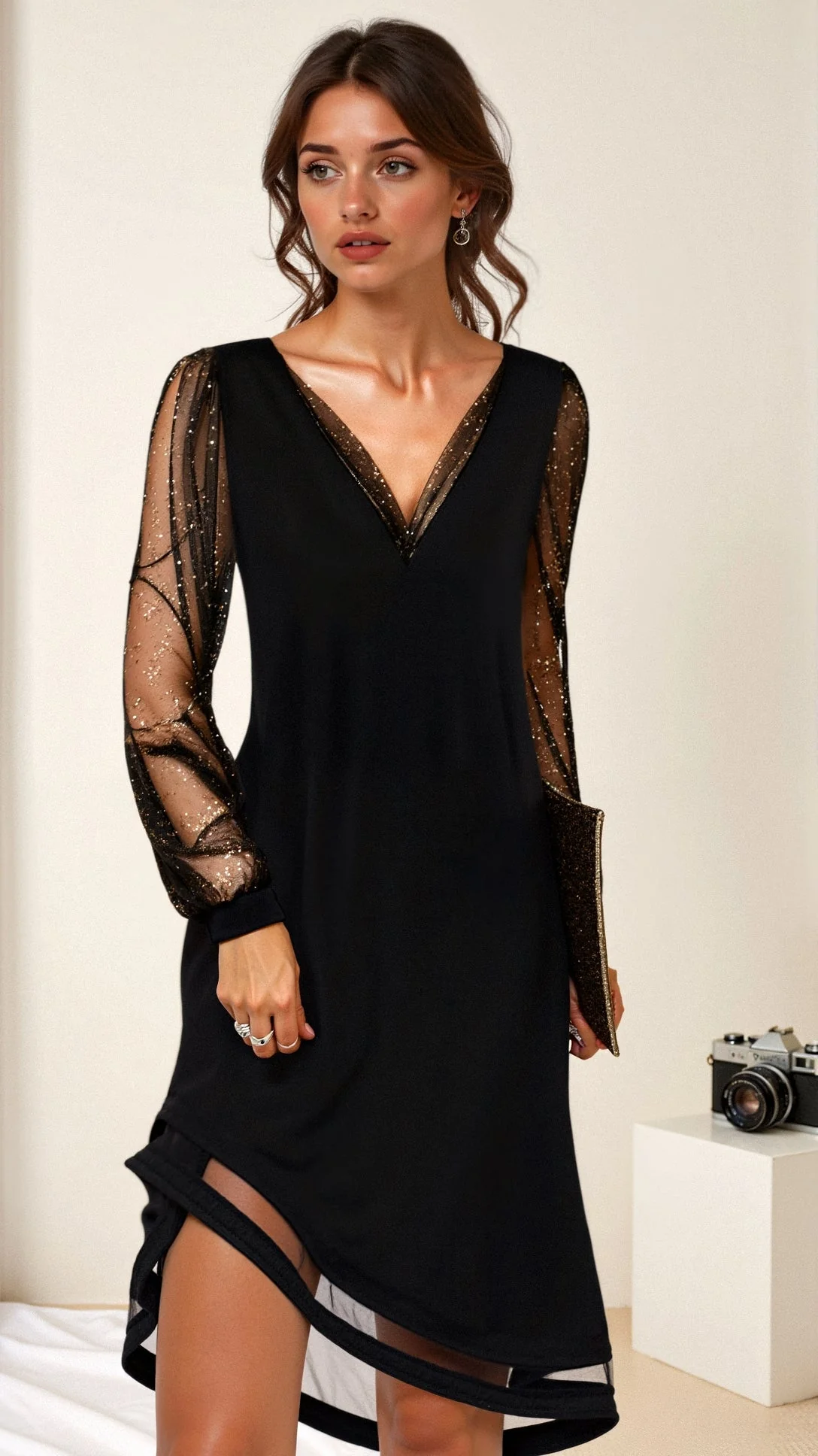 Robe de Soirée Noire Élégante Femme – Col V Midi à Sequins Style Glamour