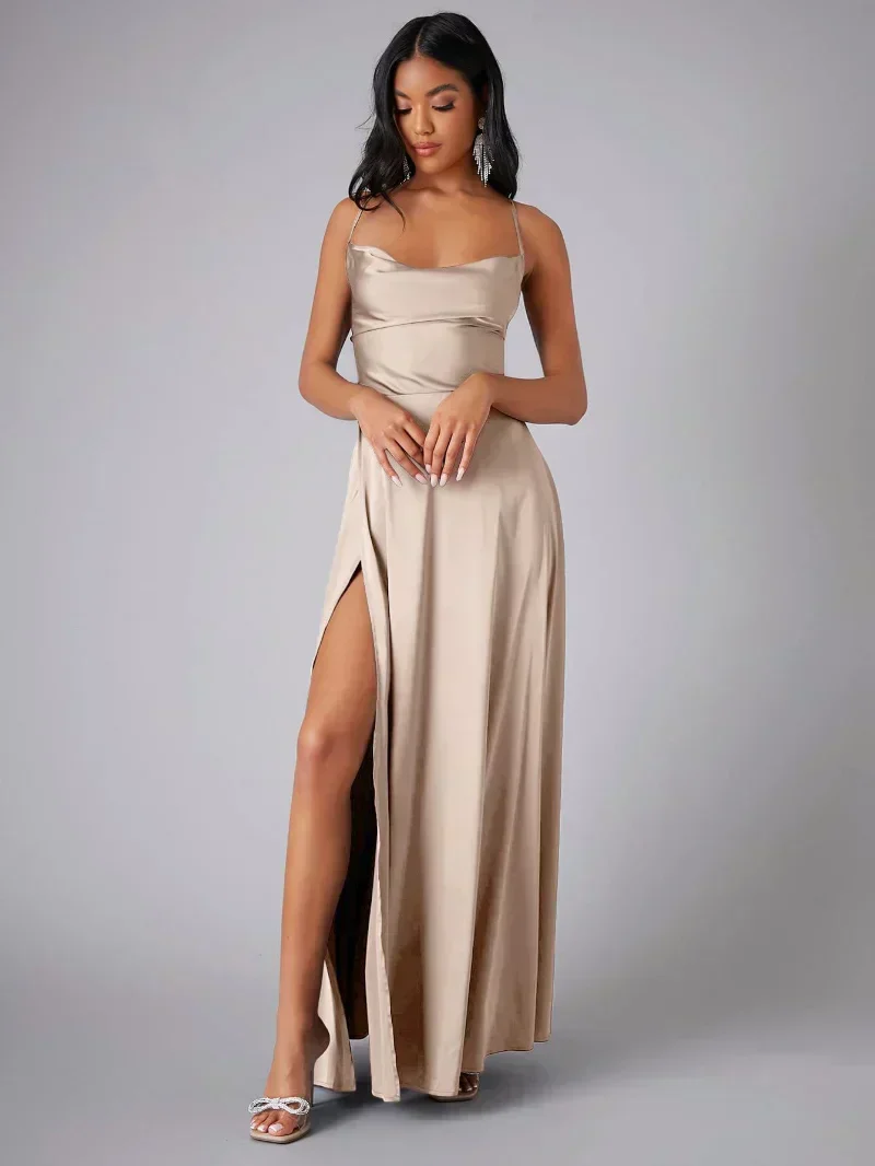 Robe de soiree satin femme dos nu fendue - Elegante et glamour