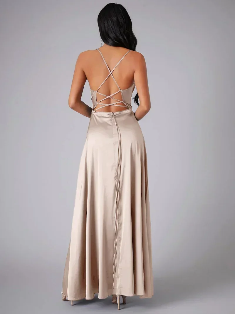 Robe de soiree satin femme dos nu fendue - Elegante et glamour - Image 2