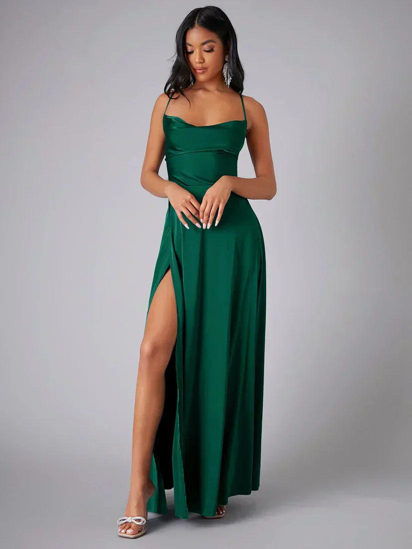 Robe de soiree satin femme dos nu fendue - Elegante et glamour - Image 5