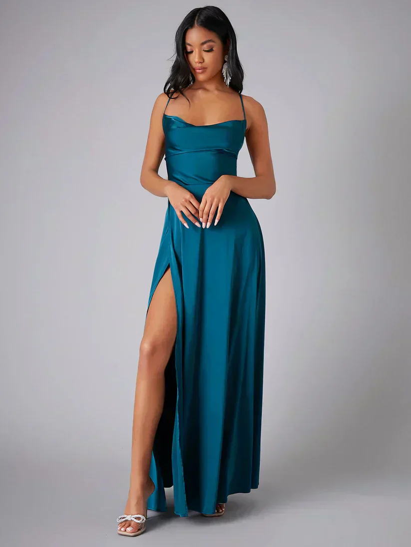 Robe de soiree satin femme dos nu fendue - Elegante et glamour - Image 6