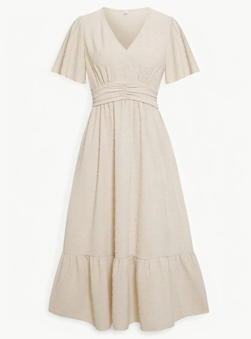 Robe d'été midi à col V pour femme – Coupe ample et féminine décontractée, mettant en valeur la taille - Image 3