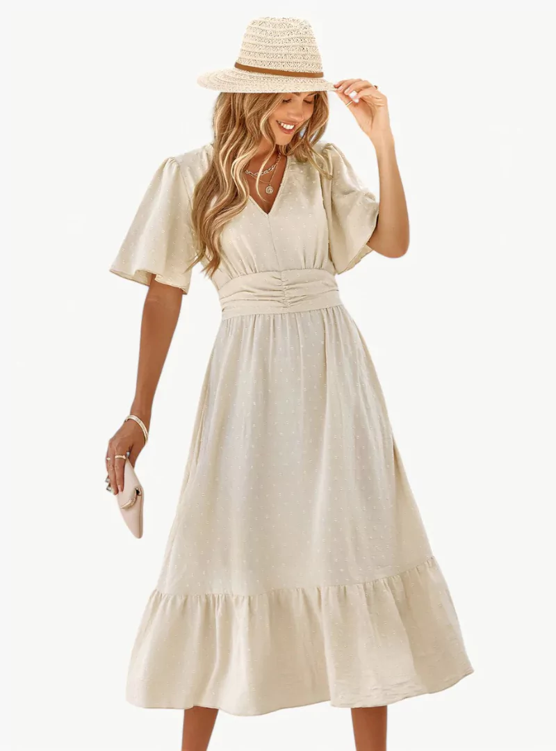 Robe d'été midi à col V pour femme – Coupe ample et féminine décontractée, mettant en valeur la taille - Image 4