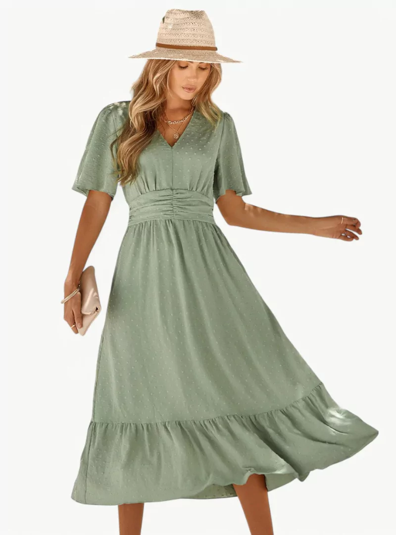 Robe d'été midi à col V pour femme – Coupe ample et féminine décontractée, mettant en valeur la taille - Image 5