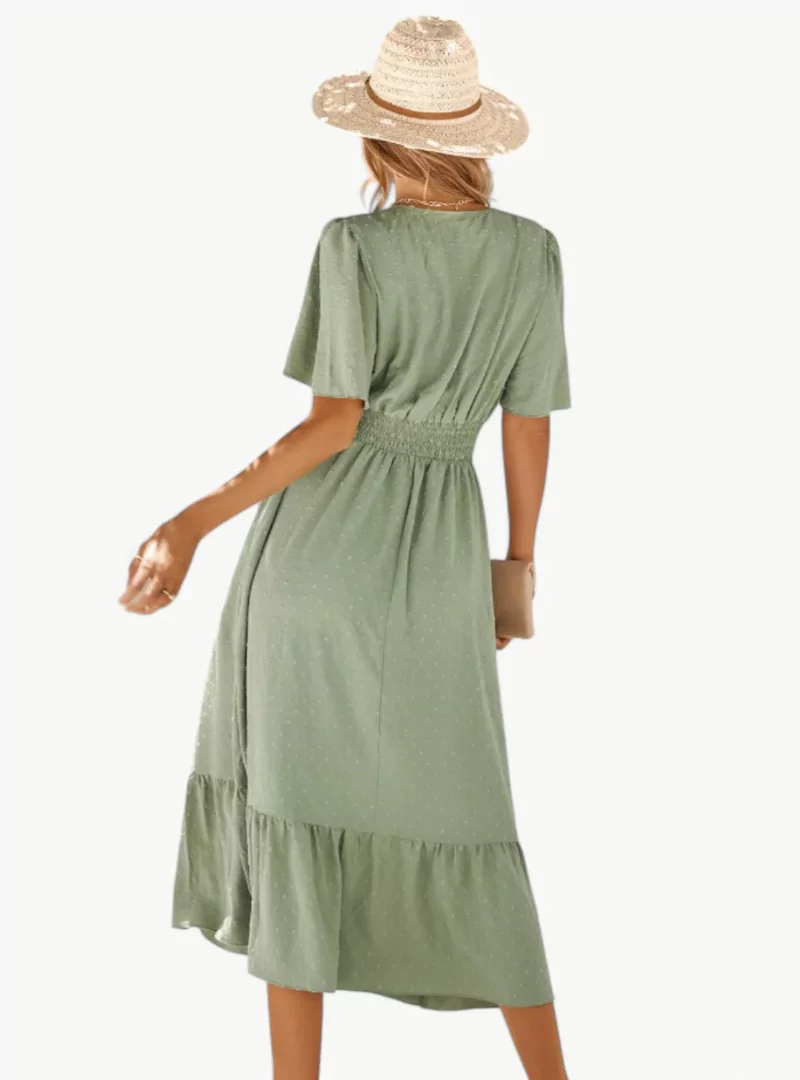 Robe d'été midi à col V pour femme – Coupe ample et féminine décontractée, mettant en valeur la taille - Image 6