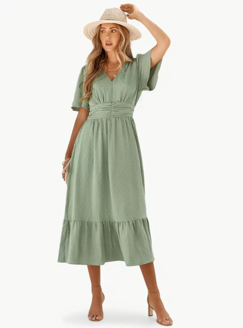 Robe d'été midi à col V pour femme – Coupe ample et féminine décontractée, mettant en valeur la taille - Image 7