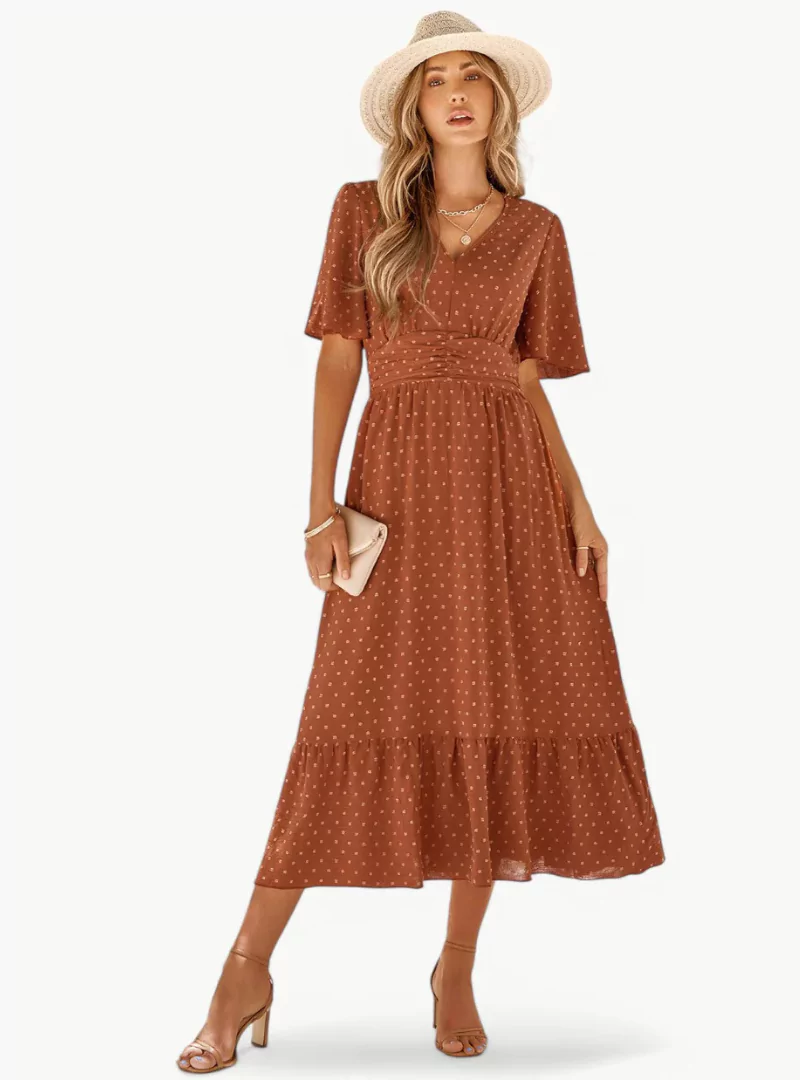 Robe d'été midi à col V pour femme – Coupe ample et féminine décontractée, mettant en valeur la taille - Image 8