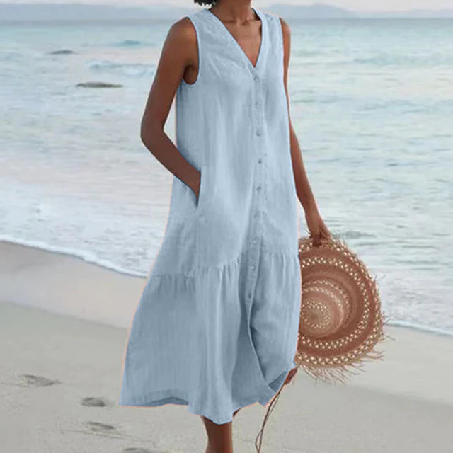 Robe d'été sans manches en lin pour femme – coupe ample et boutonnée sur le devant - Image 2