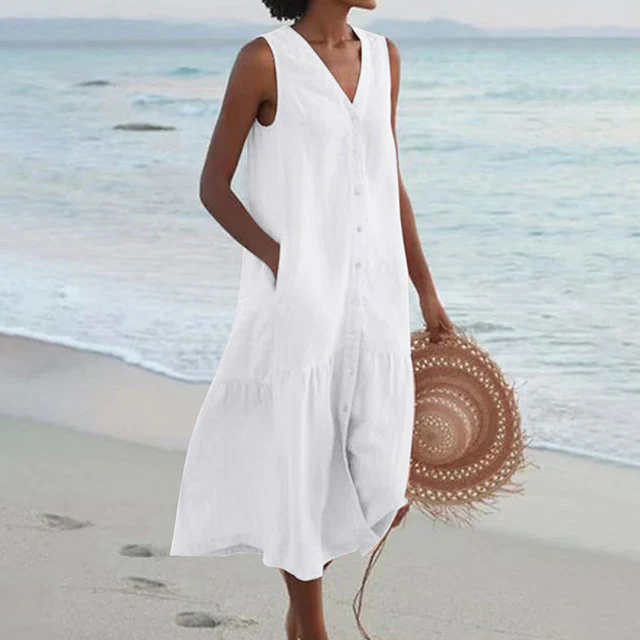 Robe d'été sans manches en lin pour femme – coupe ample et boutonnée sur le devant - Image 3