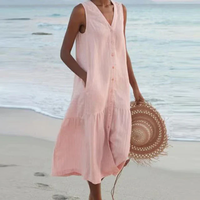 Robe d'été sans manches en lin pour femme – coupe ample et boutonnée sur le devant - Image 4