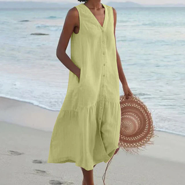Robe d'été sans manches en lin pour femme – coupe ample et boutonnée sur le devant - Image 5