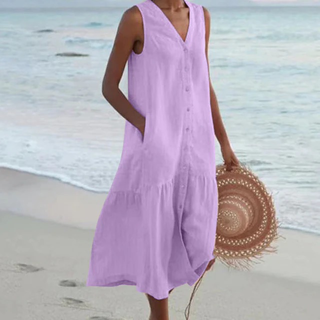 Robe d'été sans manches en lin pour femme – coupe ample et boutonnée sur le devant - Image 6