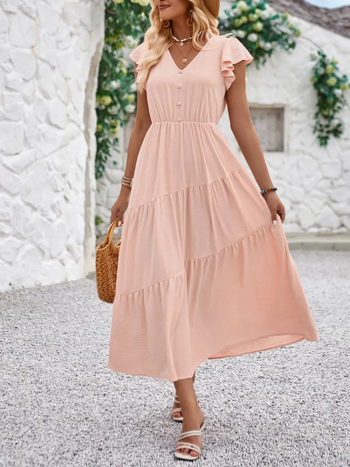 Robe élégante à col en V et manches à volants pour femme