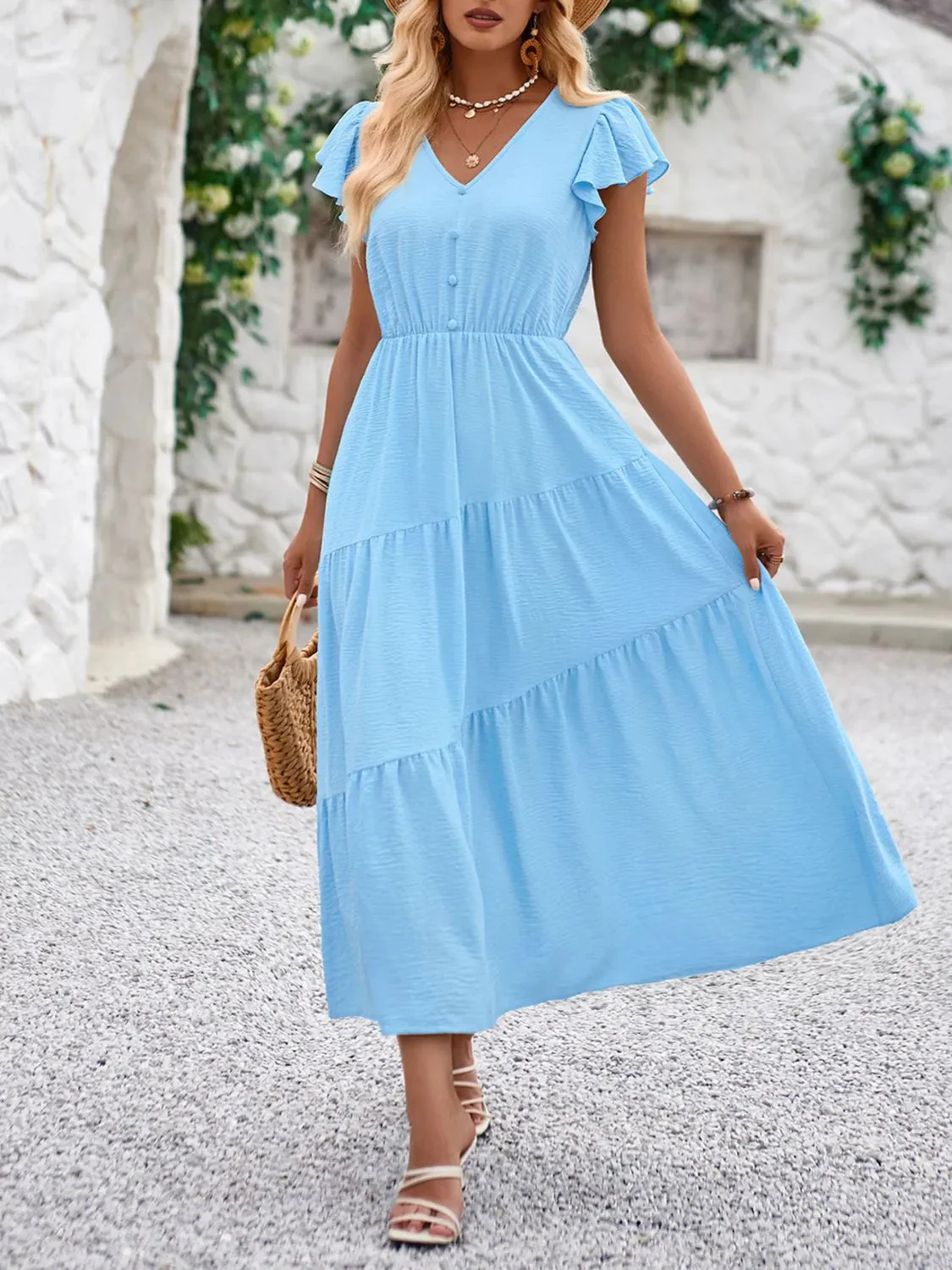 Robe élégante à col en V et manches à volants pour femme - Image 2