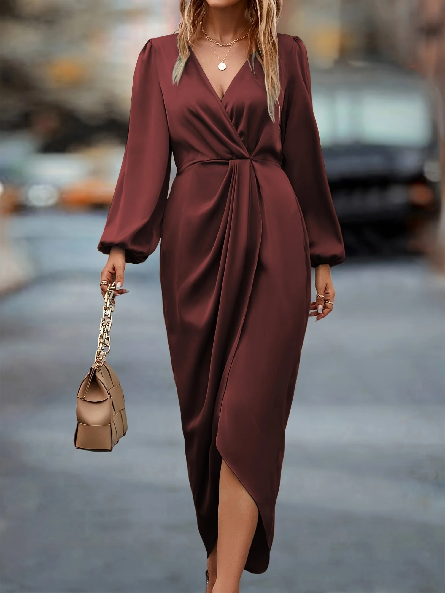 Robe élégante en satin à manches ballon et ourlet asymétrique pour femme – Robe de soirée fluide mi-longue flatteuse invitée - Image 2