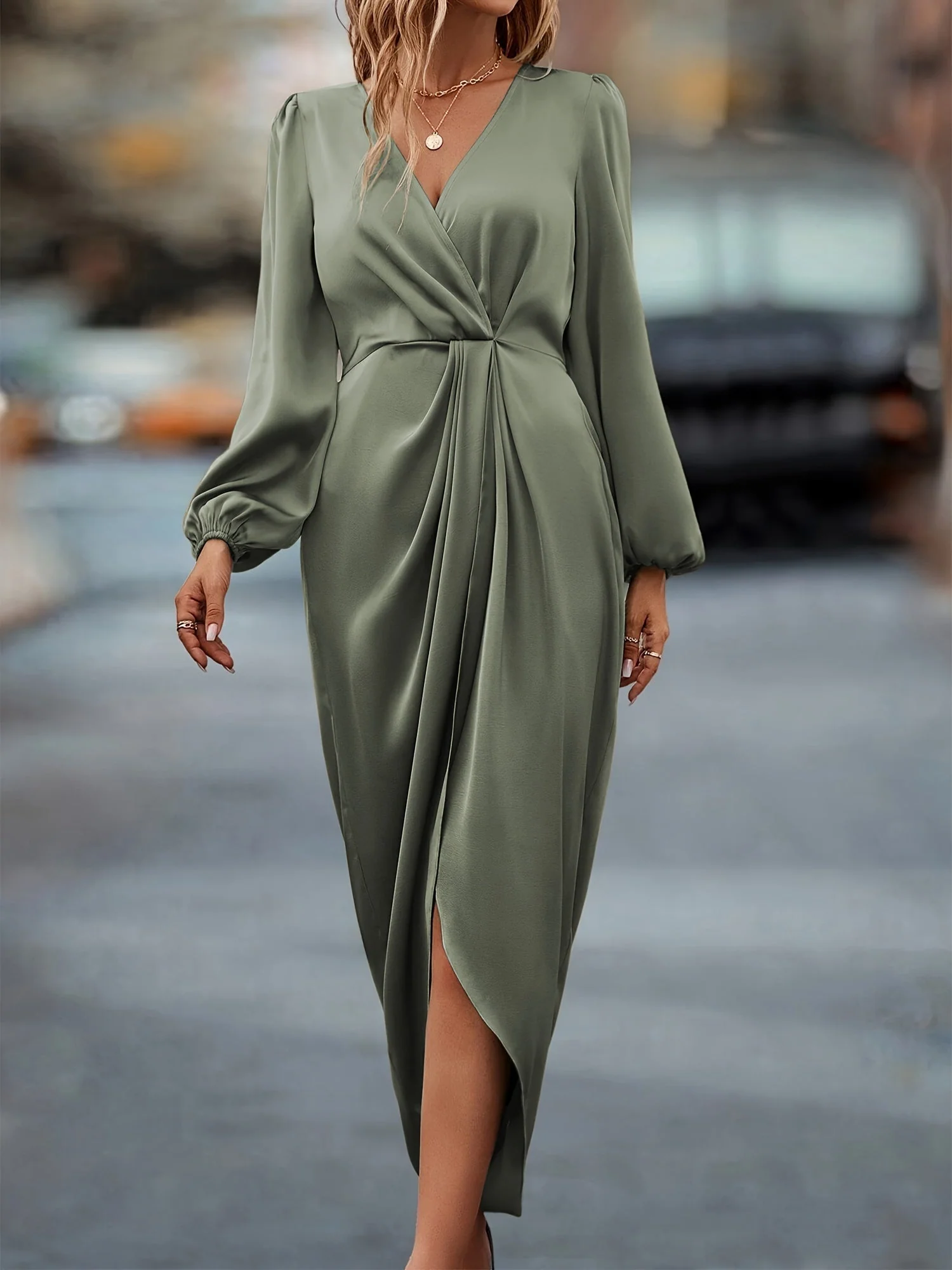 Robe élégante en satin à manches ballon et ourlet asymétrique pour femme – Robe de soirée fluide mi-longue flatteuse invitée - Image 3