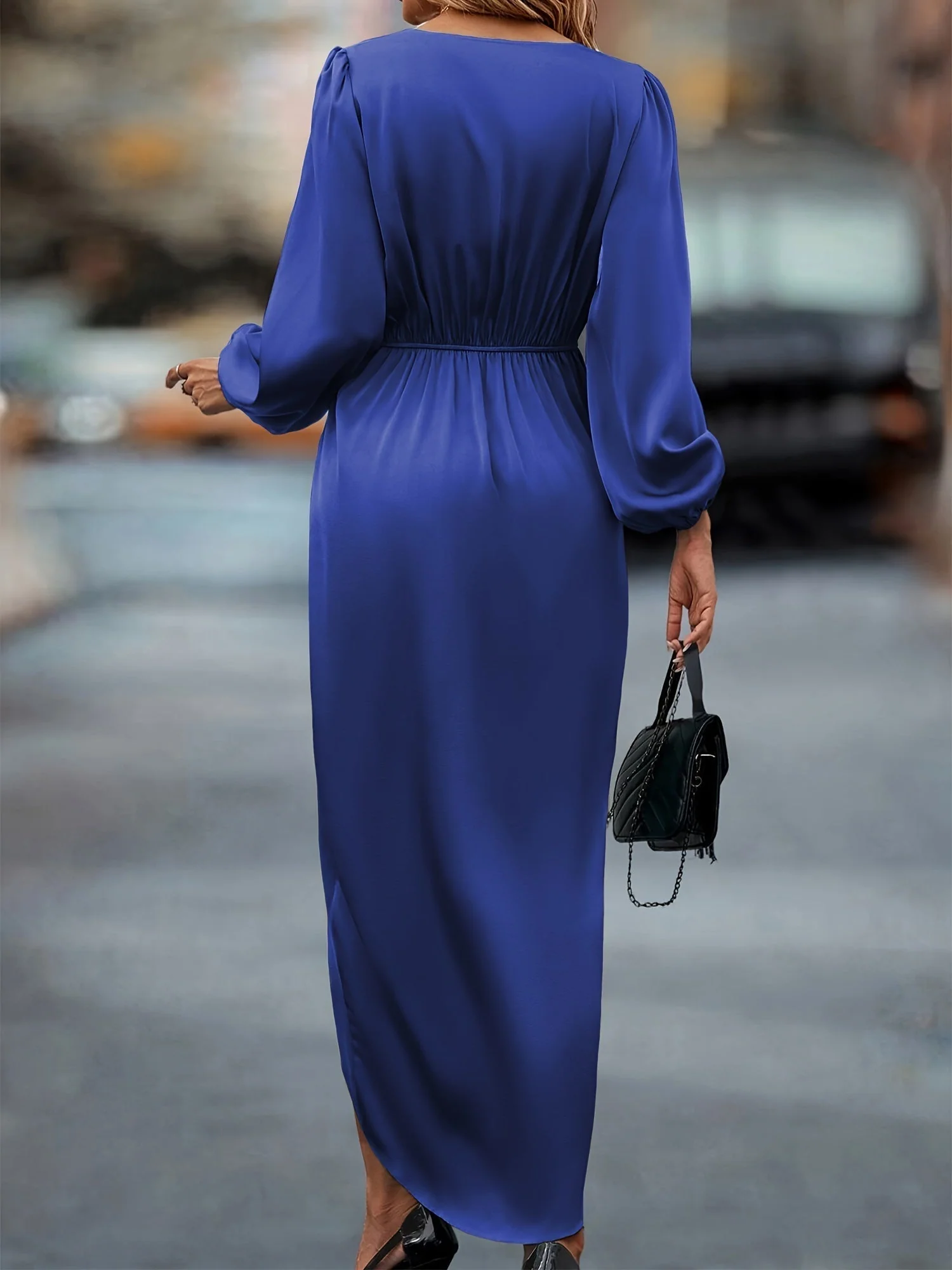 Robe élégante en satin à manches ballon et ourlet asymétrique pour femme – Robe de soirée fluide mi-longue flatteuse invitée - Image 8