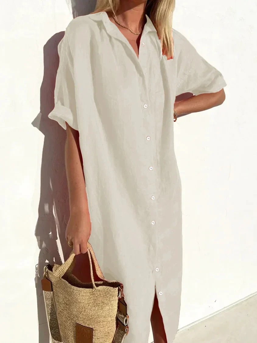Robe élégante et décontractée femme à manches larges et boutons Robe coton et lin