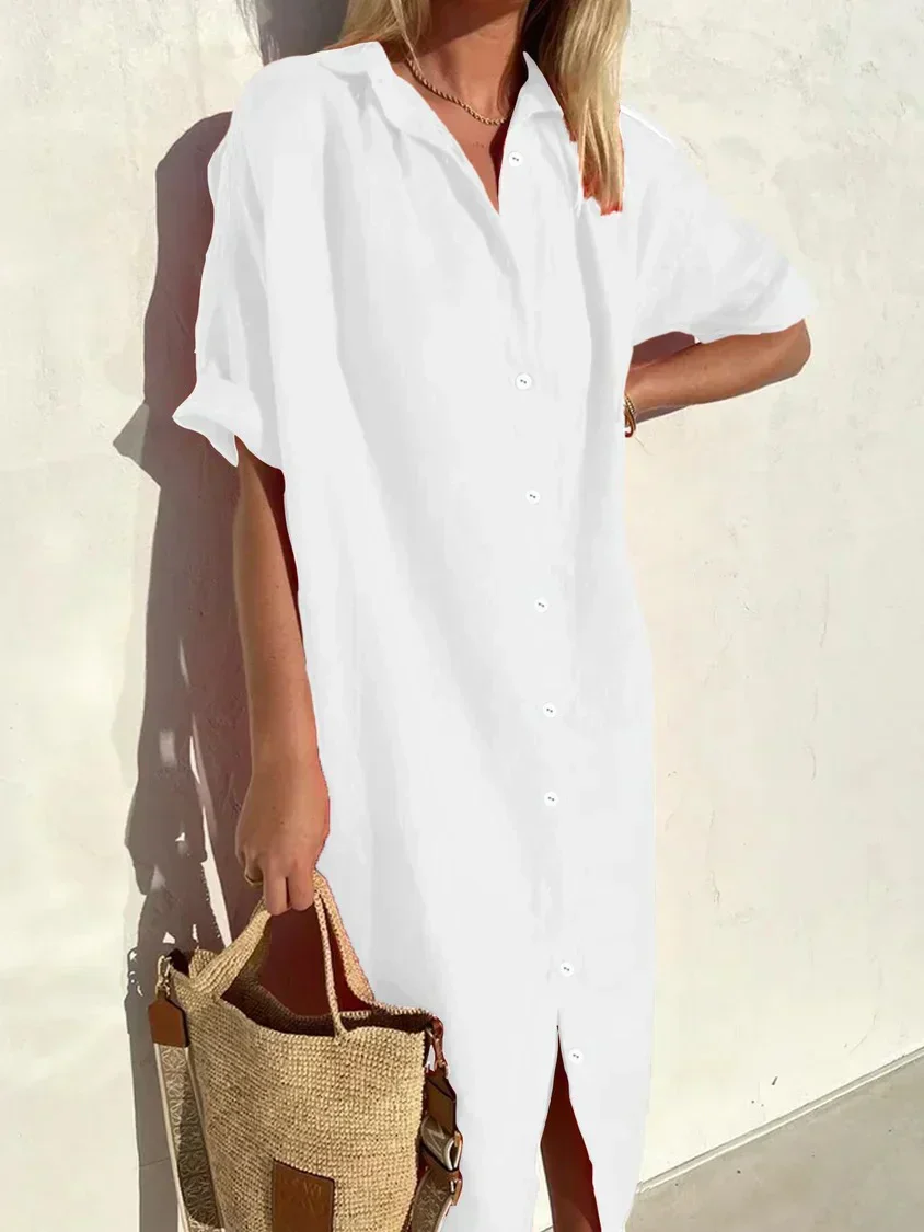 Robe élégante et décontractée femme à manches larges et boutons Robe coton et lin - Image 2