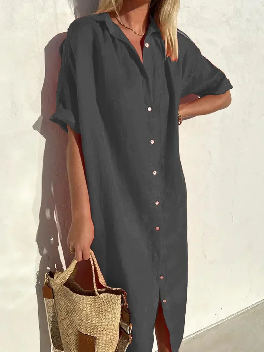 Robe élégante et décontractée femme à manches larges et boutons Robe coton et lin - Image 3