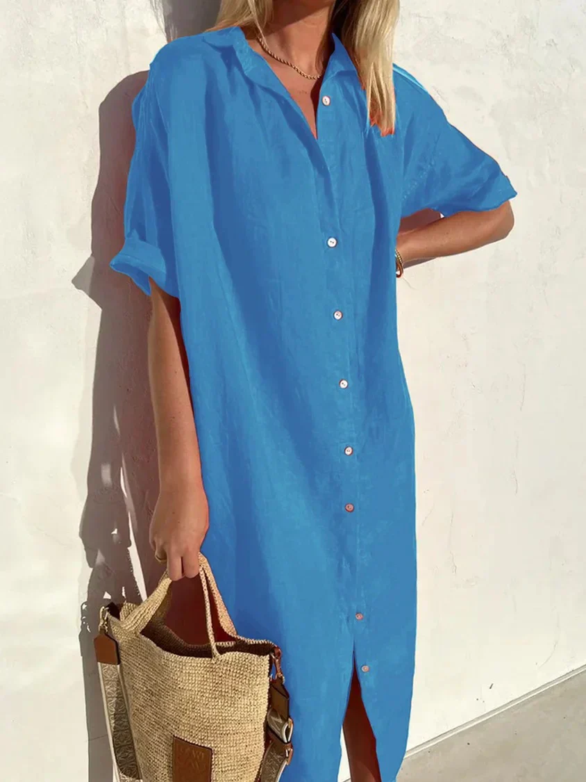 Robe élégante et décontractée femme à manches larges et boutons Robe coton et lin - Image 4