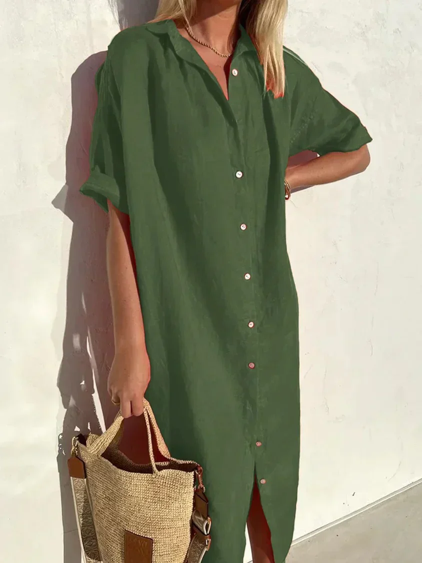 Robe élégante et décontractée femme à manches larges et boutons Robe coton et lin - Image 5
