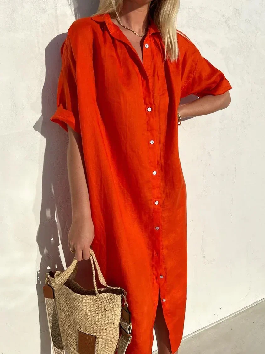 Robe élégante et décontractée femme à manches larges et boutons Robe coton et lin - Image 6