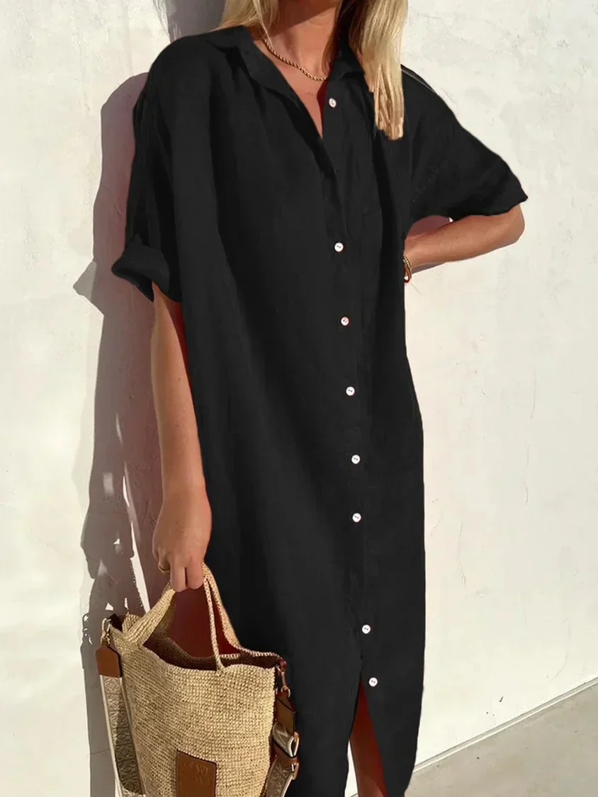 Robe élégante et décontractée femme à manches larges et boutons Robe coton et lin - Image 7