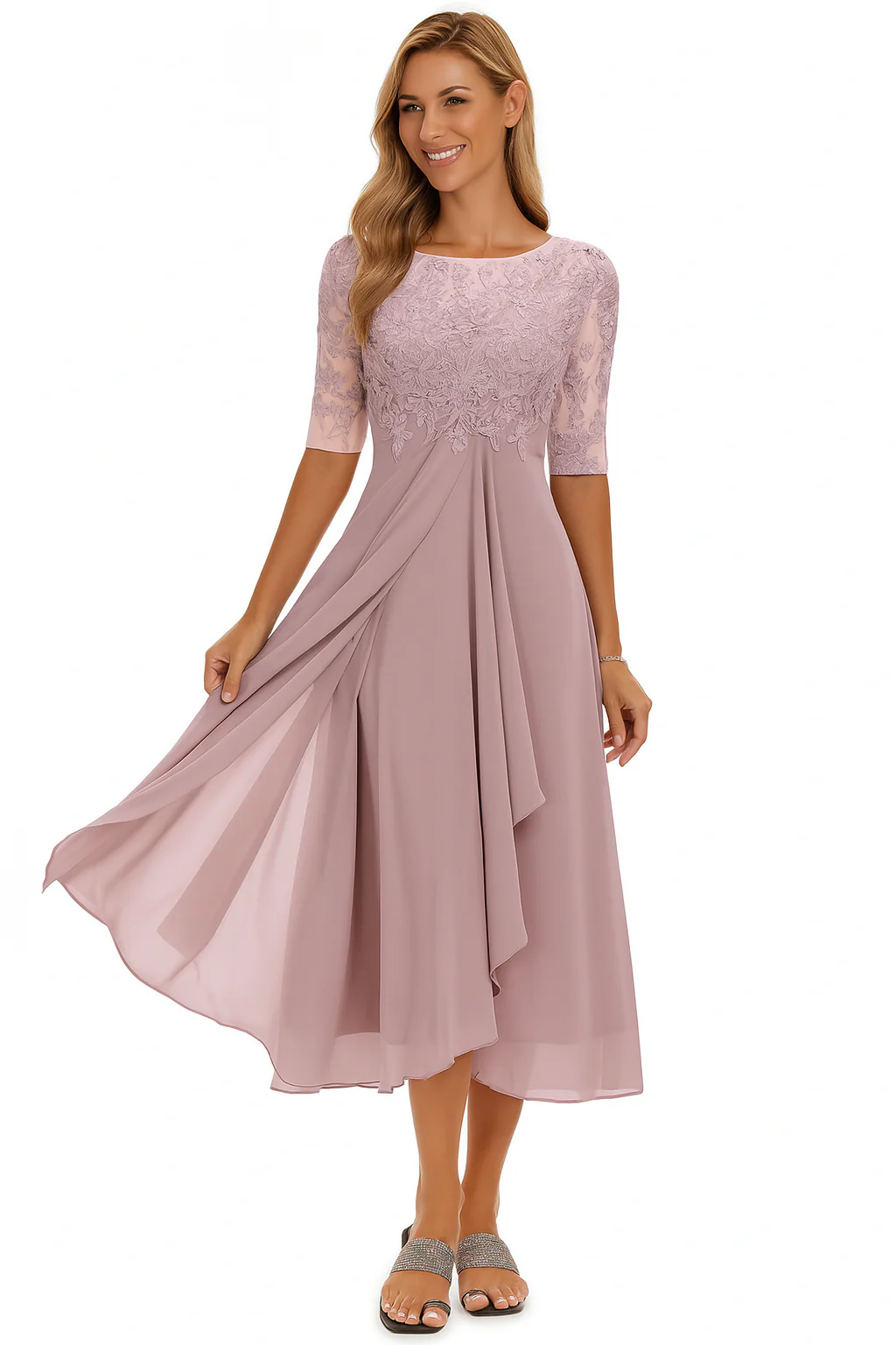 Robe Élégante Femme à Manches Courtes – Chiffon et Dentelle A-Line Midi - Image 2