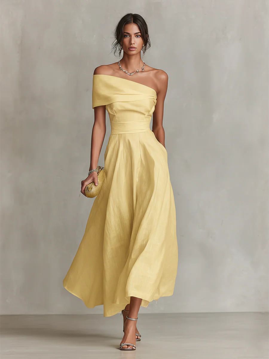 Robe en lin jaune asymetrique femme - Elegante et estivale - Image 2