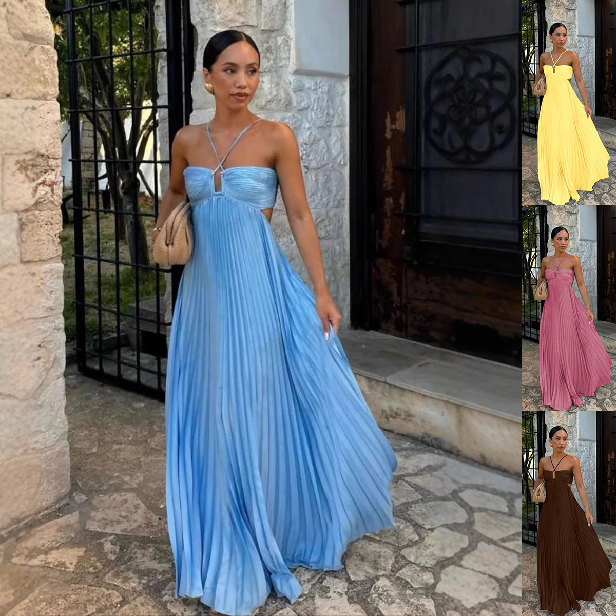 Robe femme plissee sans manches col halter - Elegante pour soiree