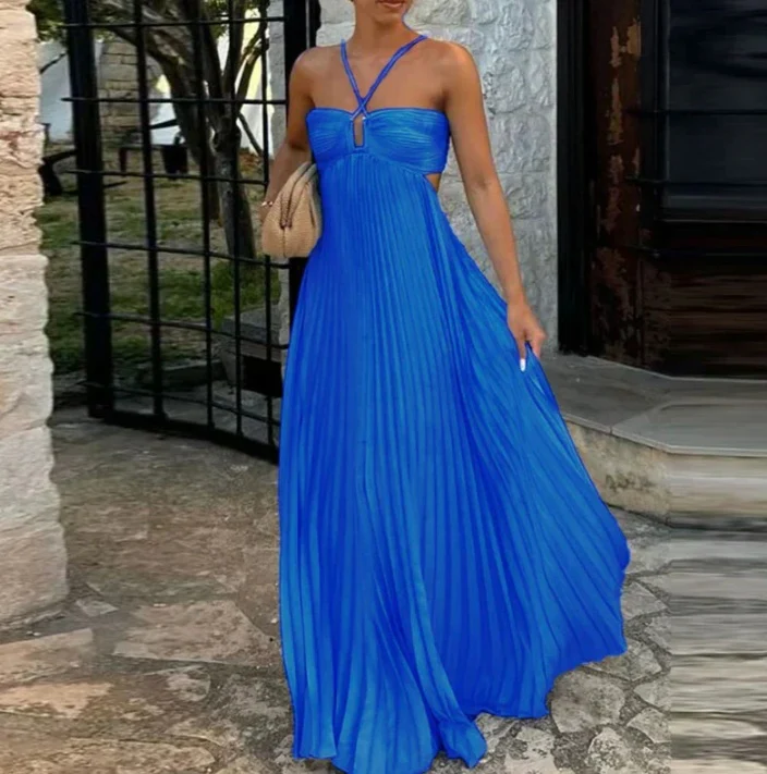 Robe femme plissee sans manches col halter - Elegante pour soiree - Image 11