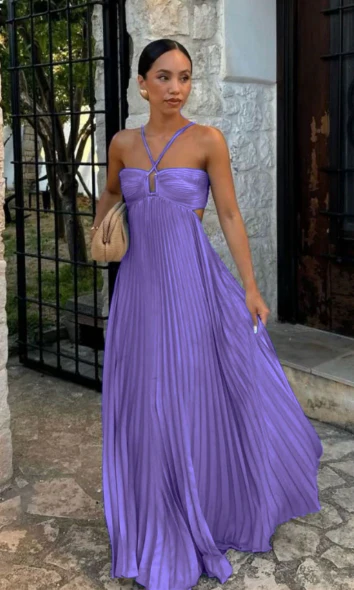 Robe femme plissee sans manches col halter - Elegante pour soiree - Image 13