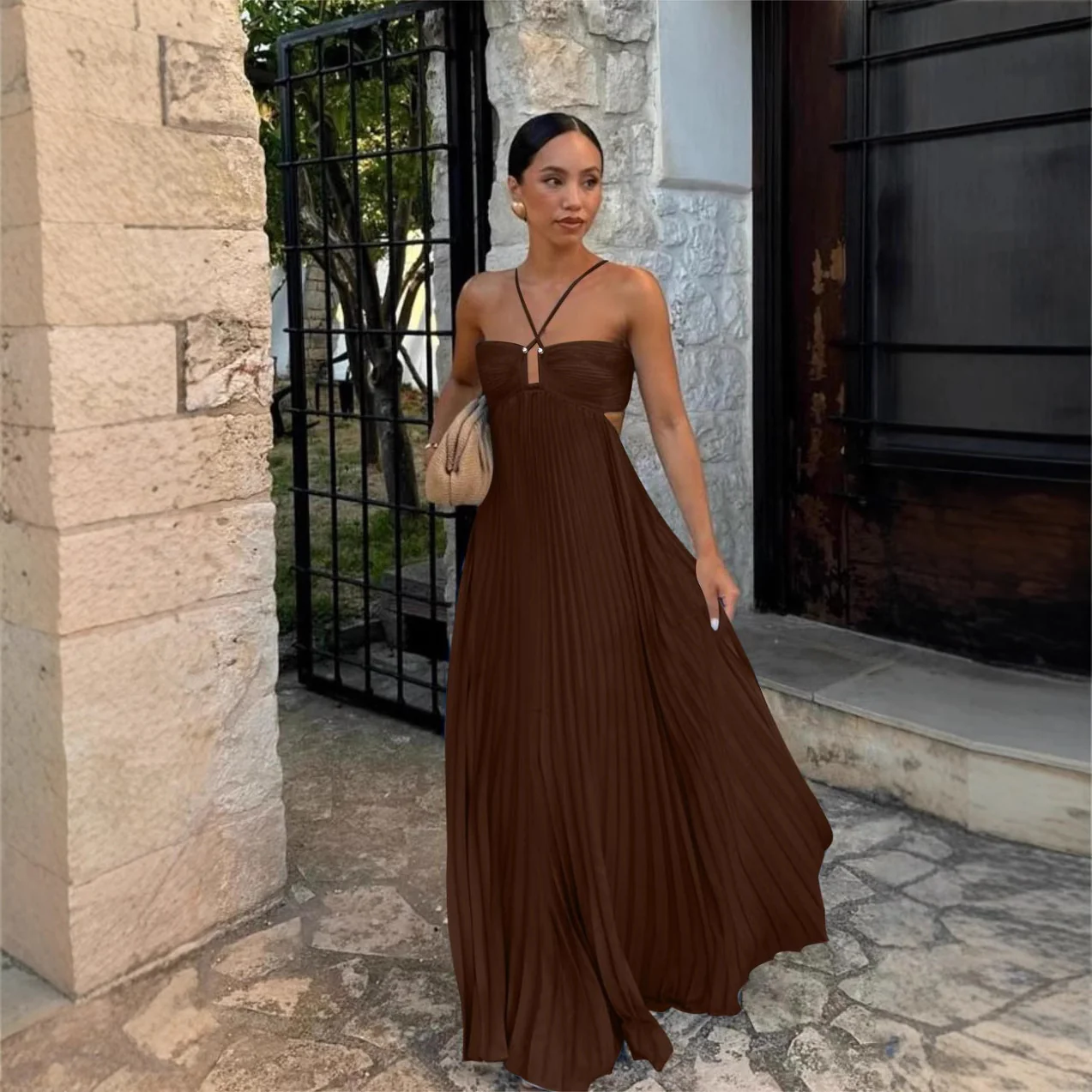 Robe femme plissee sans manches col halter - Elegante pour soiree - Image 4