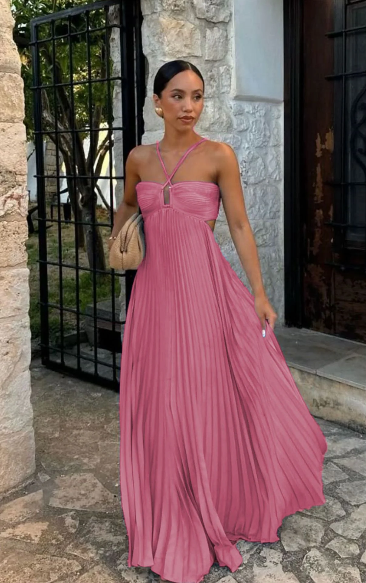 Robe femme plissee sans manches col halter - Elegante pour soiree - Image 8