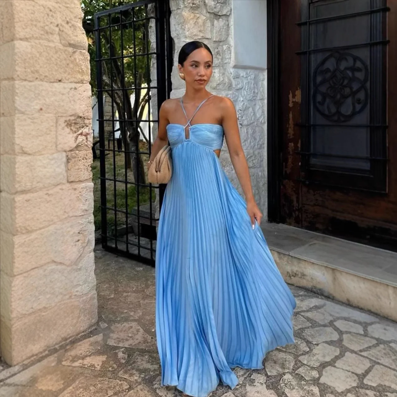 Robe femme plissee sans manches col halter - Elegante pour soiree - Image 9