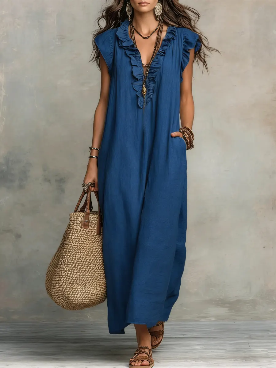 Robe femme unie à volants – Style artistique décontracté en coton et lin - Image 2