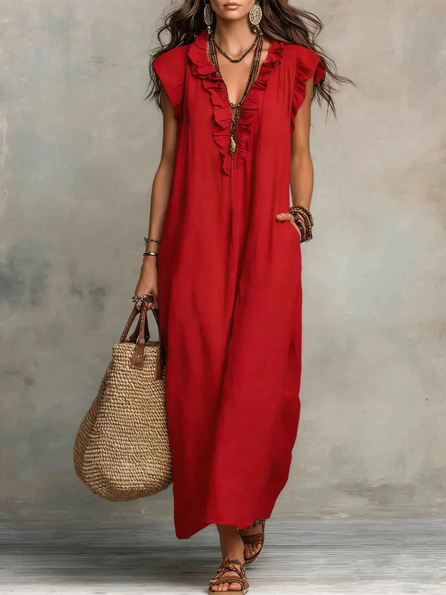 Robe femme unie à volants – Style artistique décontracté en coton et lin - Image 3