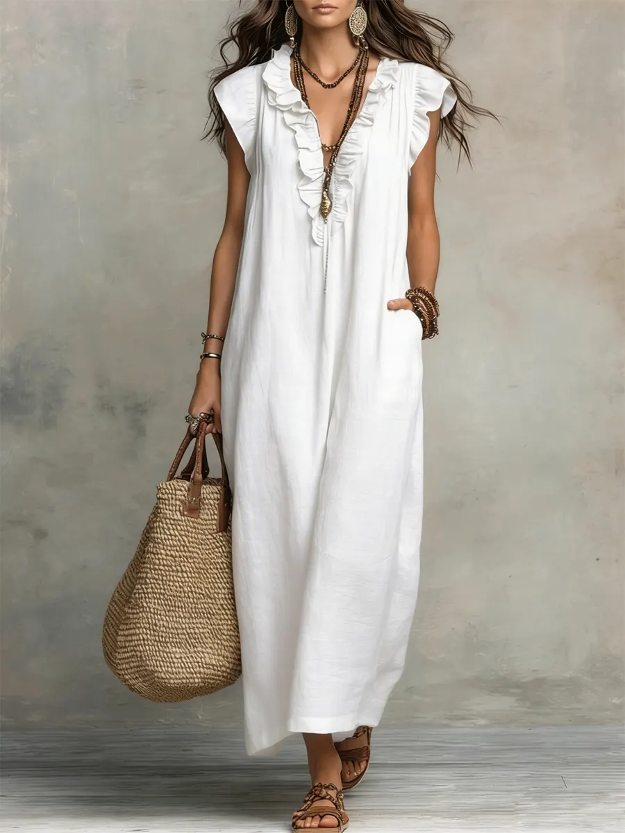 Robe femme unie à volants – Style artistique décontracté en coton et lin - Image 4