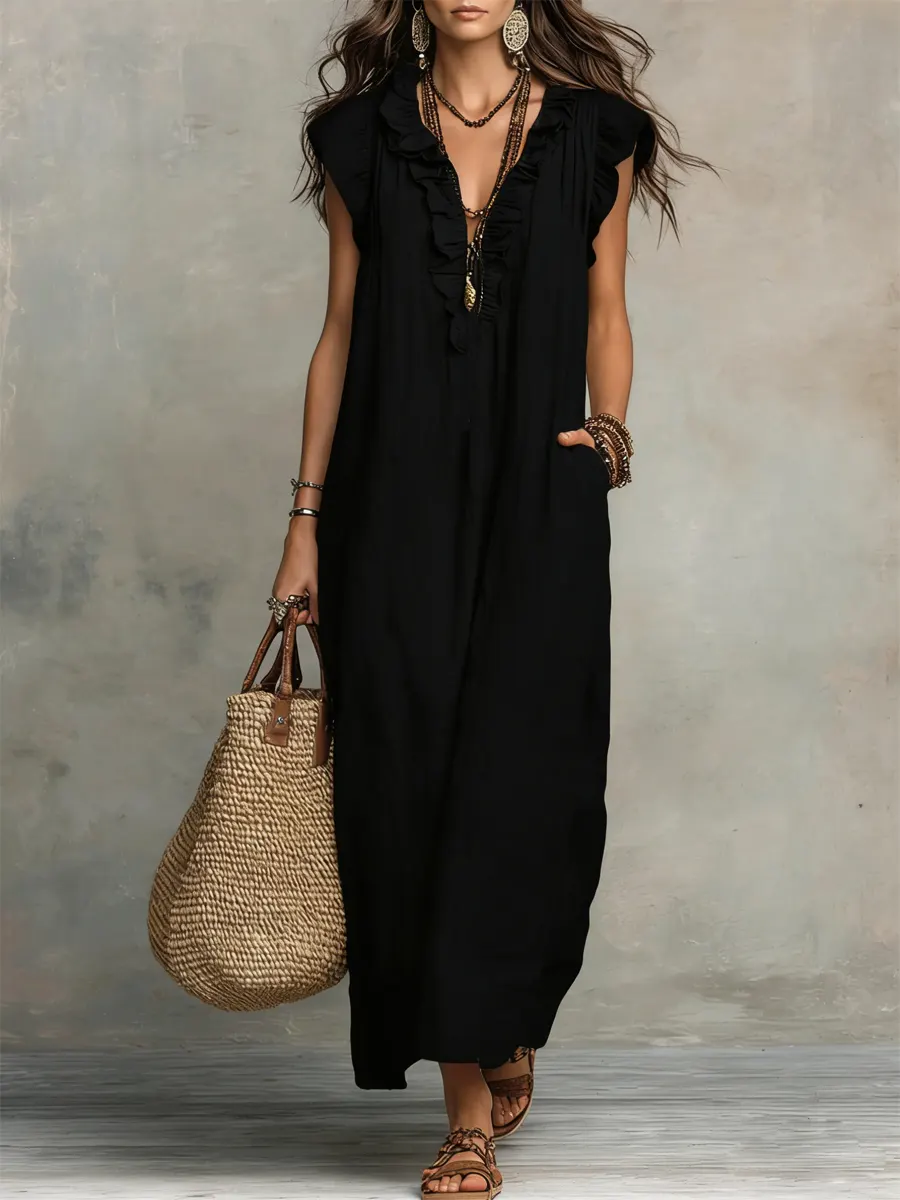 Robe femme unie à volants – Style artistique décontracté en coton et lin - Image 5